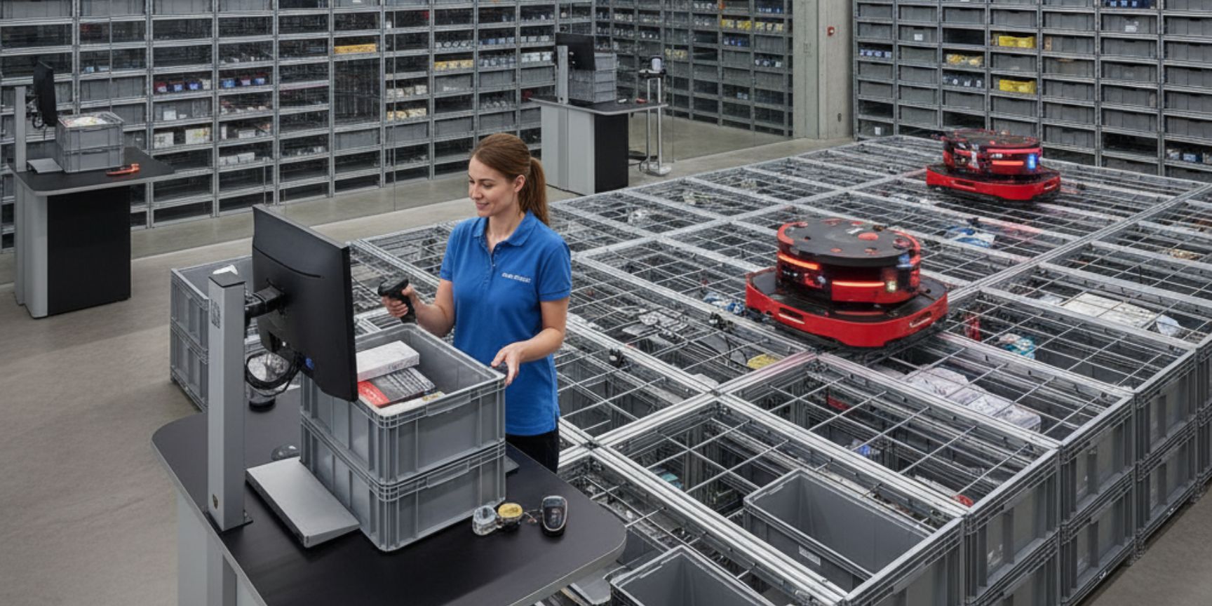 Eine moderne AutoStore-Anlage mit einem Gitter aus gestapelten grauen Behältern, auf dem rote Roboter autonom fahren. Im Vordergrund kommissioniert eine Mitarbeiterin an einer Arbeitsstation Ware aus einem Behälter, während weitere Behälter für die Einlagerung bereitstehen. Die Szene zeigt die hohe Dichte und Automatisierung eines Ware-zur-Person-Systems in einer sauberen Lagerumgebung.